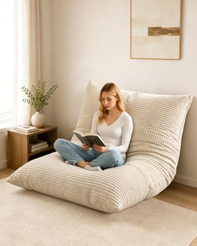 Combet Pouf Géant XXL Fauteuil Adulte, Salon Chambre, Beige | Mousse Mémoire, Housse Lavable Velours Côtélé, Pouf Modulable 180x125cm, Coussin Sol, Fauteuil Cocooning