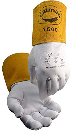 Caiman Guante de soldadura TIG de grano de cabra premium, puño extendido dorado de 4 pulgadas, sin forro, hilo de Kevlar, mosquetón de 3 pulgadas, blanco, grande (1600-5)
