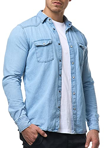 Indicode Herren Mike Hemd mit 2 Brust-Tasche aus Baumwolle | Herrenhemd für Männer Blue Wash, XL