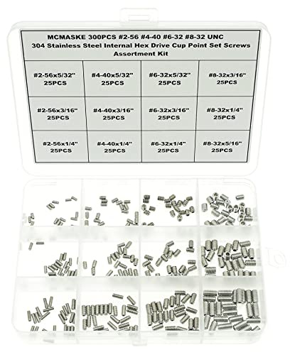 MCMASKE 300PCS #2-56#4-40#6-32#8-32 UNC 304 Stainless Steel Internal Hex Drive Cup Point Set Screws Assortment Kit