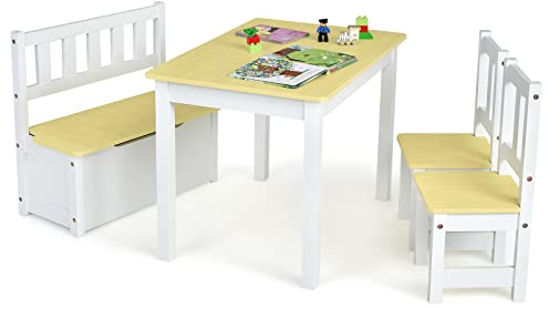 DREAMADE Table Enfants avec 2 Chaise et Banc de Coffre 4 Places Capacité 40 L, Banc Coffre Rangement Intérieur Jouet Enfant pour Chambre Enfant École(Naturel)