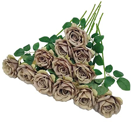 ATFL Grauer Rosenstrauß, Blumendurchmesser 10,2 cm, 12 Stück, künstliche Blumen mit Stielen für Hochzeitsarrangements, Tafelaufsätze, Party, Zuhause, Tischdekoration (grau)