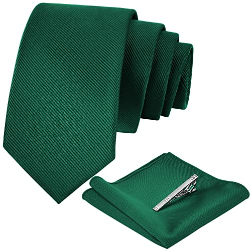 Aomig Corbatas de Hombre Modernas, 3pcs Set de Corbata de Color Solido Clásico con Pañuelo Traje Hombre y Clip de Corbata, Accesorio Traje Hombre para Business Fiesta Boda, Regalos para Hombre (Verde)