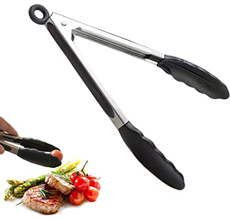 Silicone Cooking Tongs, 27.5cm/9 Inch Non-Stick Silicone Tip, Non-Slip Food Tongs with Locking Clip, Heat Resistant for Air Fryer, Salad, Oven, BBQ