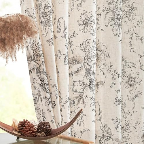 jinchan Floral Curtains for Living Room 84 Inch Length Farmhouse Printed Curtain Rod Pocket Back Tab Black Peony Flower Patterned Drapes Bedroom Window Curtains Set 2 Panels 25% Linen 75% Polyester