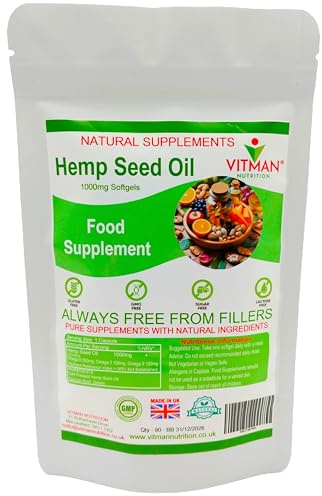 Hemp Seed Oil Softgels 1000mg - 90 Cold Pressed Capsules - High Strength - Pain Relief Support Supplement - Healthy Rich Seed Oil Combining a Balanced Omega 3, Omega 6 & Omega 9 - GLA