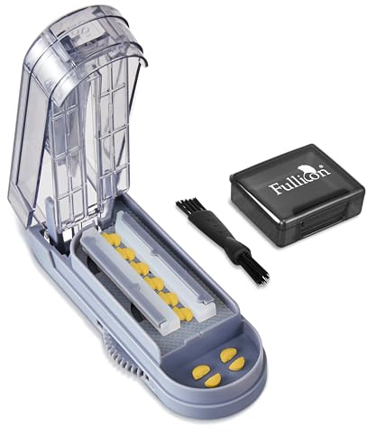 Fullicon Multiple Coupe Comprimé Médicaments, Coupe Cachet Ajustable Avec Alignement Précis, Lame en Acier Inoxydable et Protection, Avec Brosse Gratuite et Pilulier Voyage (Gris)