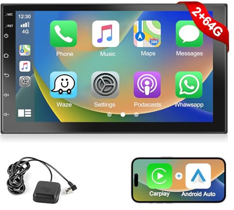 Podofo 2G+64G 2 Din Carplay Autoradio con Wireless Android Auto, 7 Pollici Doppio Din Car Stereo con HD Touchscreen, GPS Navigation, WiFi, Bluetooth, SWC, FM/RDS Radio, USB + Backup Camera