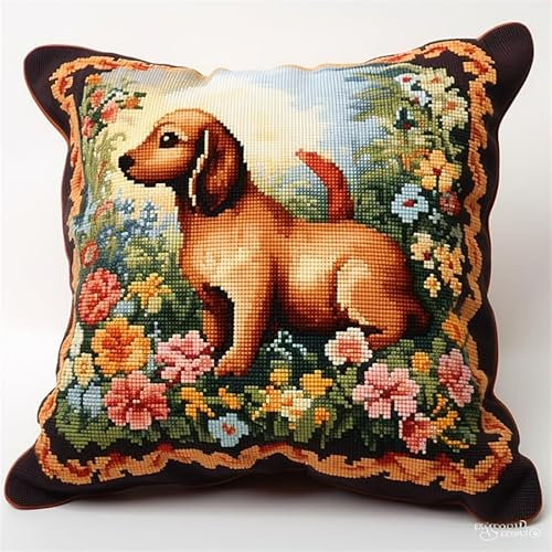 Taxpy Diy Knüpfkissen Mit Vordruck Hunde Und Blumentiere Verschlusshaken-Kits Für Erwachsene Diy-Kissenbezug Bastelset Vorgedrucktes Muster 17x17in
