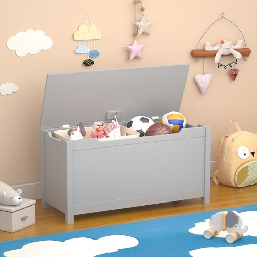 BAOMKONG Kids Toy Box Chest, Large Wooden Storage Trunk Bench with Safety Hinged Lid for Ages 3+, Grey