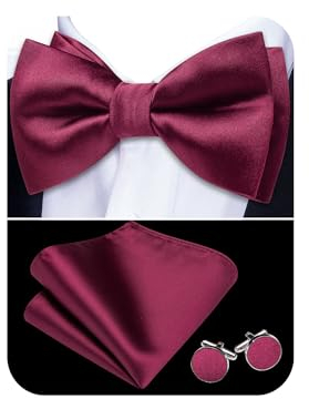 Barry.Wang Mens Red Bow Tie Paisley Silk Pre-Tied Bowtie Pocket Square Cufflinks Set Formal Wedding Prom Party Tuxedo