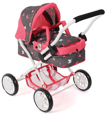 Bayer Chic 2000® Puppenwagen Smarty – Butterfly Koralle– Zusammenklappbar – Mit Verdeck, Tasche, Kissen & Decke – Griffhöhe 56 cm – Für Kinder ab 2 Jahren