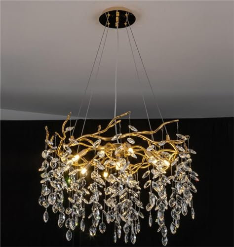 Leomix Moderner Kristallkronleuchter Mit Baumzweig, Luxuriöse Goldene Regentropfen-Pendelleuchte, Moderne Runde Kronleuchter Für Esszimmer, Küche, Schlafzimmer, Wohnzimmer,Dia60cm