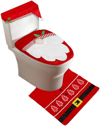 Tappeti da bagno e copriwater | 3 tappeti da bagno con gnomo | Set di decorazioni natalizie per il bagno, coprisedile, tappeto da bagno per WC