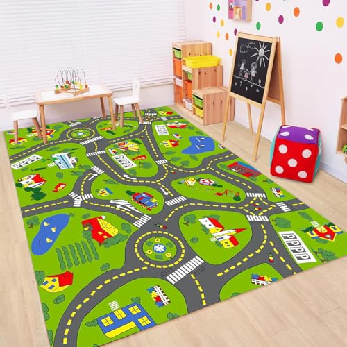 TRHEAVNIC Non-Slip Town City Road Map Playmat for Boys, Perfect for Playroom and Bedroom, Car Track Mat - 4'11 x 3'3(Rectangular)