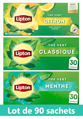 Lipton Pack Thé Vert classique Origine Asie, Thé vert menthe, Thé vert citron, Infusion à Froid ou Chaud, Ingrédients d'Origine 100% Naturelle, 90 sachets
