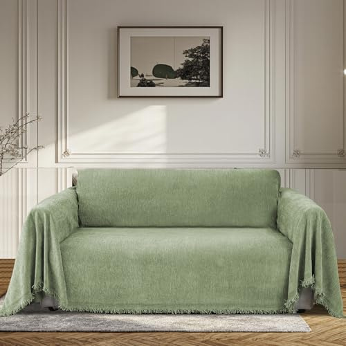 BellaHills Sofa Cover 3 Seater Chenille Sofa Covers 2 Seater Armchair Covers L Shape Sofa Slipcover Non-Slip Couch Covers with Tassel Sofa Protector from Dogs, 180x260cm, Green