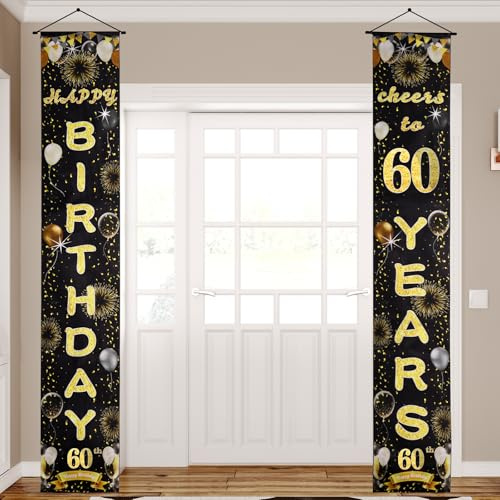 ANOMM Pancarta Feliz Cumpleaños 60 Anos para Puerta, Negro y Dorado Happy Birthday Decoracion, Telón de Fondo para Fiestas, Decoration de Mesa para Jardín al Aire Libre para Hombre y Mujer (180x30cm)
