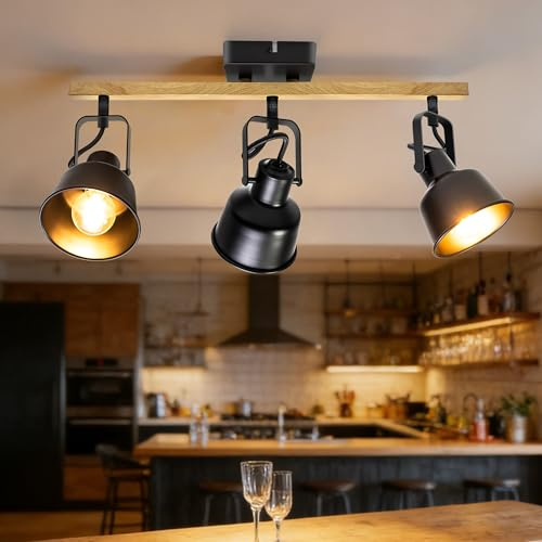 Faretto da soffitto a 3 luci, orientabile a 350°, vintage, lampada da soffitto a LED, attacco E14, attacco industriale con venature del legno, per cucina, soggiorno, camera da letto, nero (senza