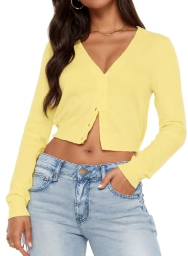 LACOZY Women's Long Sleeve Cropped Cardigan V Neck Solid Button Down Knit Bolero Shrugs Yellow S