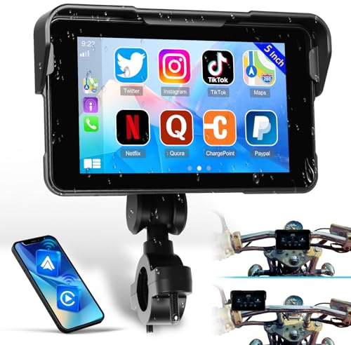 Bärbar Carplay-skärm för motorcykel, trådlös Carplay och Android Auto för motorcykel, 5 IP68 vattentät pekskärm för motorcykel, GPS-kompatibel, spegellänk, Bluetooth