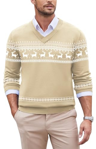 COOFANDY Maglione Natalizio Uomo con Scollo V Elegante Pullover Invernale a Maniche Lunghe Maglione Maglia Fine Morbido Sweater Renna di Natale - Beige S