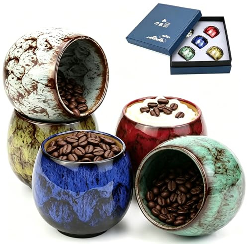 Set di Tazze da Espresso, 5 Tazze da Caffè da 110 ml, Set di Tazze da Espresso in Ceramica, Lavabile in Llavastoviglie, Senza Manico, per Espresso, Moka, Macchiato, Tè, Regalo per Amanti del Caffè