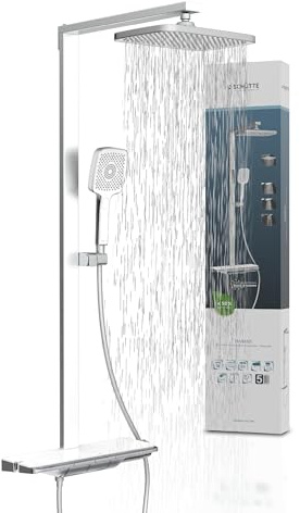 Schütte HAWAII Duschsystem mit Thermostat und Glasablage, Duschset mit 30x20cm Kopfbrause, Regendusche mit Wandhalterung und Duschkopf, Duschpaneel Duschsäule, Chrom