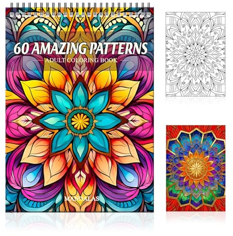 60 Pages Mandala Colouring Books, Mindfulness Colouring Books for Adults | Spiral Bound 60 Unique Designs for Relaxation, Stress Relief and Mindfulness Gift for Women and Men (29x21cm)