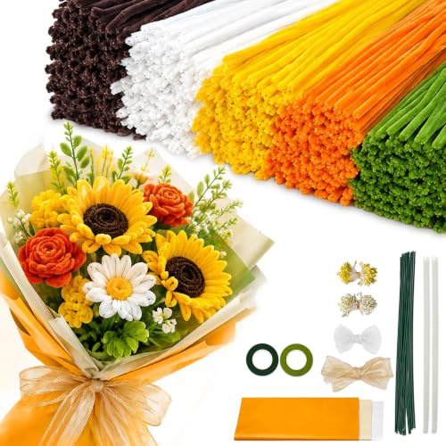 Piprensare blomset 500 stycken blommor hantverk, piprensare för pyssel, 5 färger med blomstavar, tejp och förpackning, rörrengörare chenilletråd för gör-det-själv, blombukett, skola