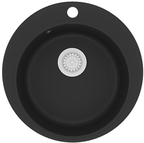 Granitdiskbänk enkelhandfat rund svart tillverkad av 80 % kvarts, 505 x 505 x 290 mm inbyggd diskbänk med silkorgar, reptålig och värmebeständig upp till 280 °C, perfekt för kök och tvättstuga