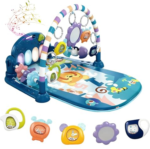 BREEZENEST Baby Play Mat Gym 6-in-1 Activity Center with Kick Piano, Sensory Toys & Mirror, Extra Guardrail Tummy Time Play Mat for Newborn to 12 Months Baby Activity Gym & Play Mat (Blue)