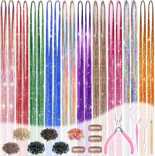 Hair Tinsel, Fairy Hair Tinsel Kit for Girls Women 48 Inch 8200 Strands with Tools Hair Accessories Glitter Tinsel Hair Extensions for Party Festival Christmas (Double Glitter 02)