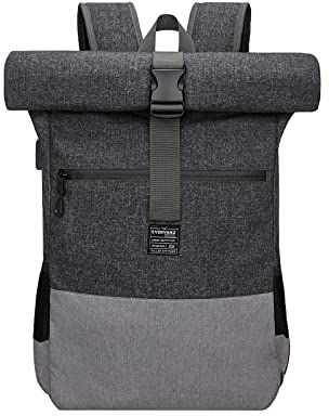 EverVanz Laptop-Rucksack, Damen & Herren Roll Top Wasserdichter Wanderrucksack, Leichtgewichtiger Freizeit-Rucksack, Stilvolle Schultasche mit USB-Ladebuchse, L, grau