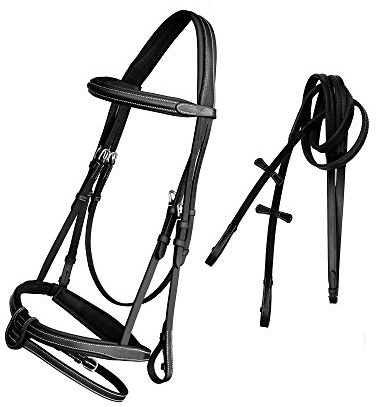 Exion Comfort Soft Lined Snaffle Hunter Jumping Bridle with Detachable Flash & Rubber Reins | Anatomical English Bridle for Horses (Black, Pony)