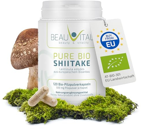 Pure Bio Shiitake 120 capsules chacune 500 mg Lentinula edodes poudre de champignons médicinaux de l'agriculture biologique de l'UE, végétalien, sans additifs artificiels
