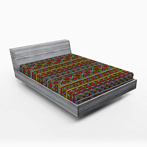 Ambesonne African Fitted Sheet, Colorful Diamond Motifs with Angled Lines Lively Palette Geometric Borders, Bed Cover with All-Round Elastic Deep Pocket for Comfort, Full Size, Multicolor