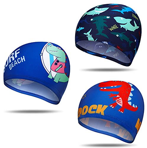 3 Stück Kinder Badekappen mit Motiv Bademützen für Mädchen Jungen von 2 bis 8 Jahren Stoff Schwimmhaube Bequeme Badehüte für Kleinkind Jugend (Lieblich Stil)