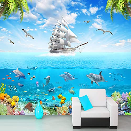 Papel tapiz fotográfico personalizado Dolphin 3D Underwater World Imagen de dibujos animados Sala de estar Dormitorio infantil Decoración Mural de pared, 300 cm X 210 cm (118,1 por 82,7 pulgadas)