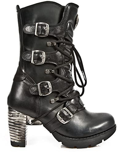 New Rock Boots TR003-S1 Ladies Metallic Black Leather Biker Heel Goth Punk Shoes Ankle Fashion Boots 38