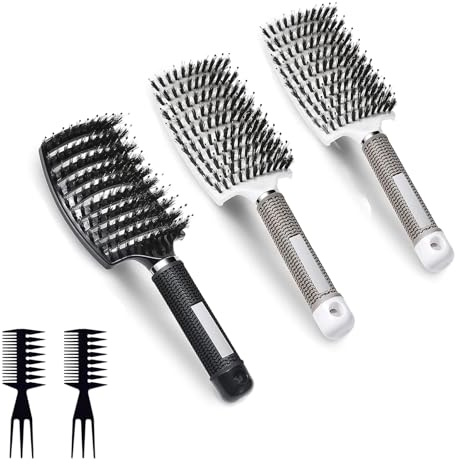 Brosse Poil de Sanglier, Brosse à Cheveux Demelante, Brosses à Cheveux en Poils de Sanglier, Incurvée Ventilée pour Cheveux, Outils de Coiffure pour démêlage de cheveux épais (2 Pièces)