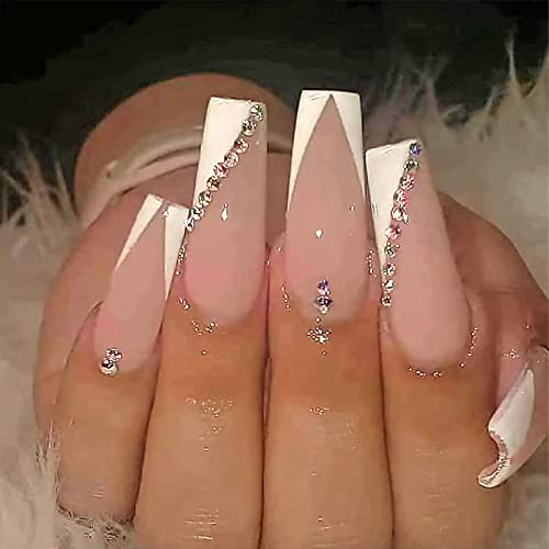 WOOXDYUK 24 Pcs French Tip Press on Nails Long with Designs Pink and White Rhinestones False Fake Nails Press On Coffin Artificial Nails for Women Stick on Nails with Glue on Static nails