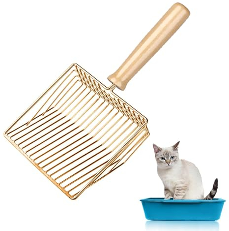 MisFun Râteau Litiere Chat, Pelle Litiere Chat Metal, Pelle a Pellets Granulés, Pelle à Litière avec Manche en Bois, Chat Accessoire, pour Animaux Domestiques, Chiens, Chats (Or)