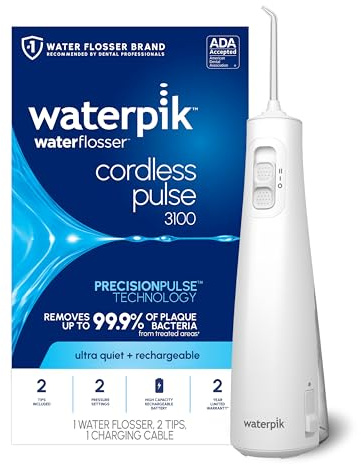 Waterpik Cordless Pulse 3100 Rechargeable Portable Water Flosser for Teeth, Gums, Braces Care and Travel with 2 Flossing Tips, Waterproof for Shower Use, ADA Accepted, WF-20 White, Amazon Exclusive