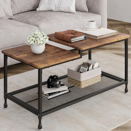 HAUSPROFI 2-Stufiger Couchtisch - Wohnzimmertisch aus MDF-Holz Mit Stahlgestell und Unterer Ablage, Sofatisch Modern im Industrie-Design, Coffee Table Einfache Aufbau
