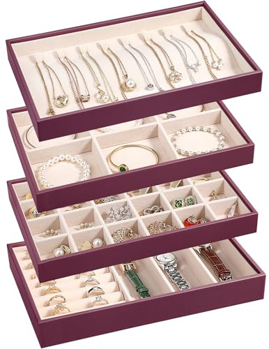 LANDICI 4-Piece Stackable PU Leather Jewelry Organizer Trays,Purple