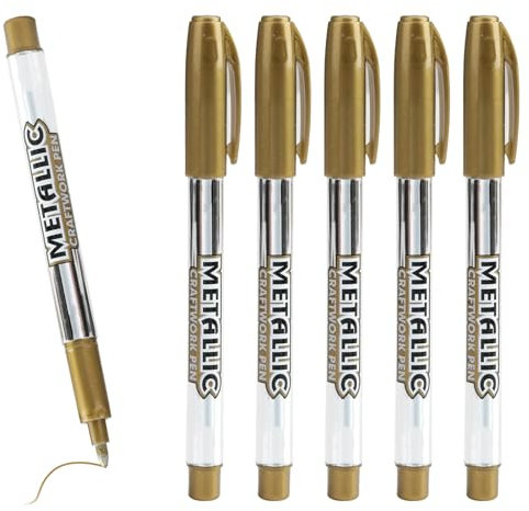 5 Pcs Gold Pens Metallic, Gold Paint Pen Marker Shimmering High Gloss Quick Drying, Smooth Writing Markers for Art & Craft, Ideal for Card Making DIY Projects, Painting on Glass Ceramic Wood Paper