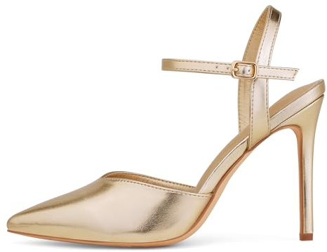 GENSHUO Eleganti Scarpe con Tacco Alto a Punta e Stiletto 10cm, Scarpe da Donna Sexy con Cinturino alla Caviglia per la Sera, PU Oro, 40 EU