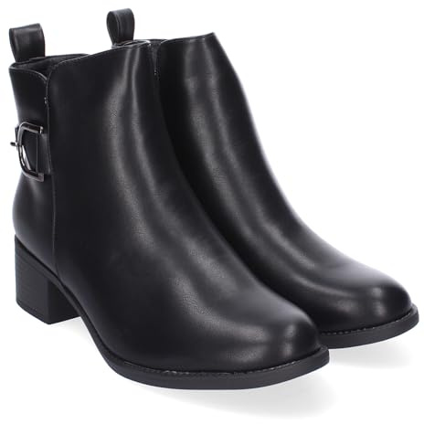 shoes&blues.es 86602 Botines de Tacon para Mujer, Comodos y Elegantes con Detalle de Hebilla, Punta Redonda y Cierre de Cremallera Lateral, Ideales para Otono-Invierno. Negro Talla 37