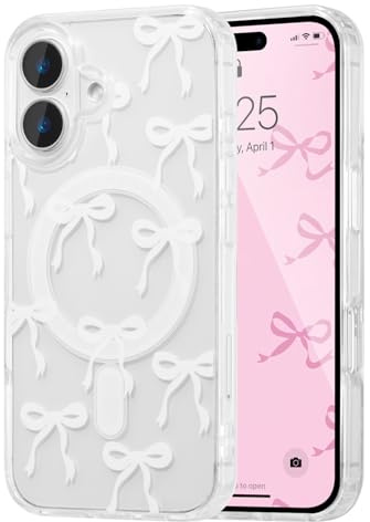 UEEBAI Magnetic for iPhone 16 Case, Bow Case Compatible with MagSafe, Wireless Slim Clear Ribbon Aesthetic Phone Cover Anti-Yellowing Shockproof Protective Cover for Women Girl - White
